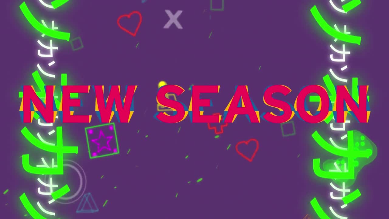 게임 아이콘과 보라색 배경의 아시아 표지판 위에 새로운 시즌 텍스트의 애니메이션