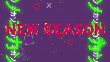 animación del texto de la nueva temporada sobre los iconos del juego y los signos asiáticos sobre fondo púrpura