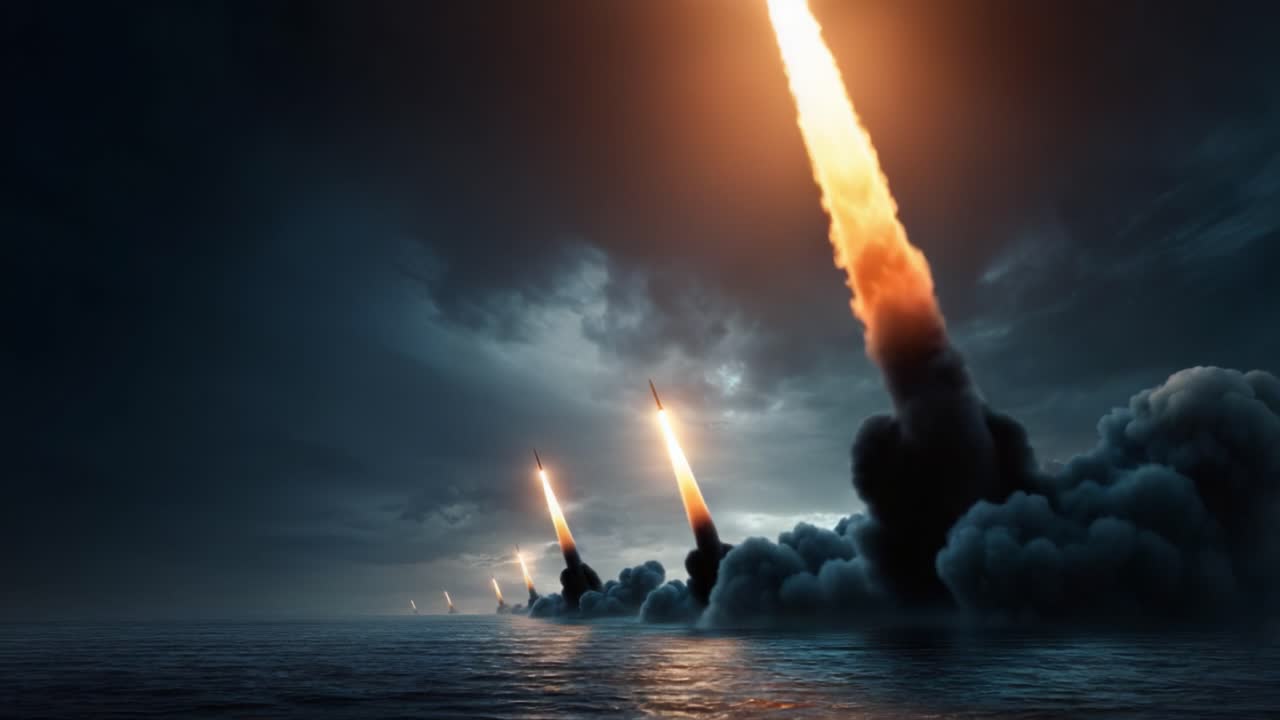 Séquence de lancement spectaculaire de multiples missiles illuminés par des panaches d'échappement ardents sur un ciel orageux au-dessus d'une mer calme, une démonstration audacieuse de puissance militaire