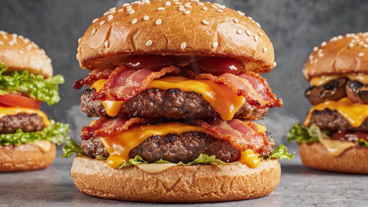 Eine fesselnde Präsentation von Gourmet-Burgern: Schichten frischer Zutaten und saftigem Fleisch, perfekt zusammengestellt für ein köstliches Erlebnis.