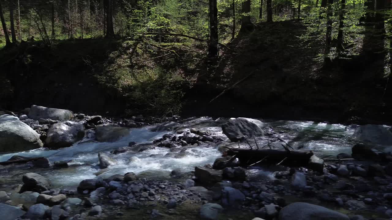Drone Fly slowly along beautiful mountain river surrounded by forest