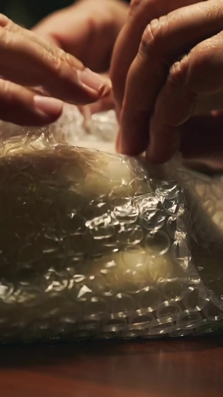 Video vertical: Manos de adulto retirando algo, revelando barras pálidas en una mesa de madera después de alisar plástico de burbujas.