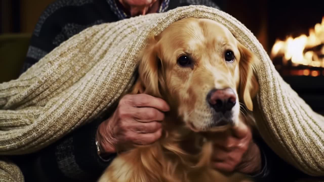 A Heartwarming Moment: A Golden Retriever Cuddled Under a Cozy Blanket with Its Owner by the Fireplace