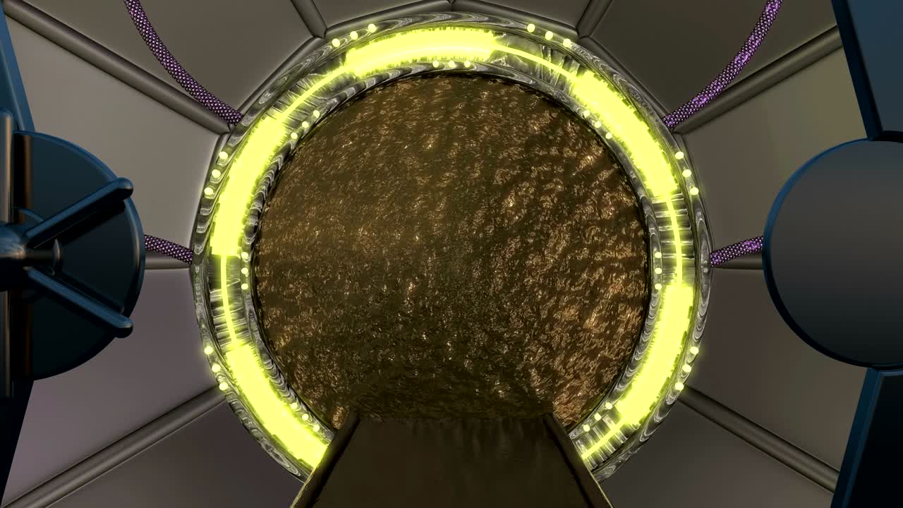 iron hatch는 우주선 풍경 장면에 대한 파노라마 뷰를 열어줍니다. 포털과 함께 공상 과학 복도의 3d 추상적인 배경.