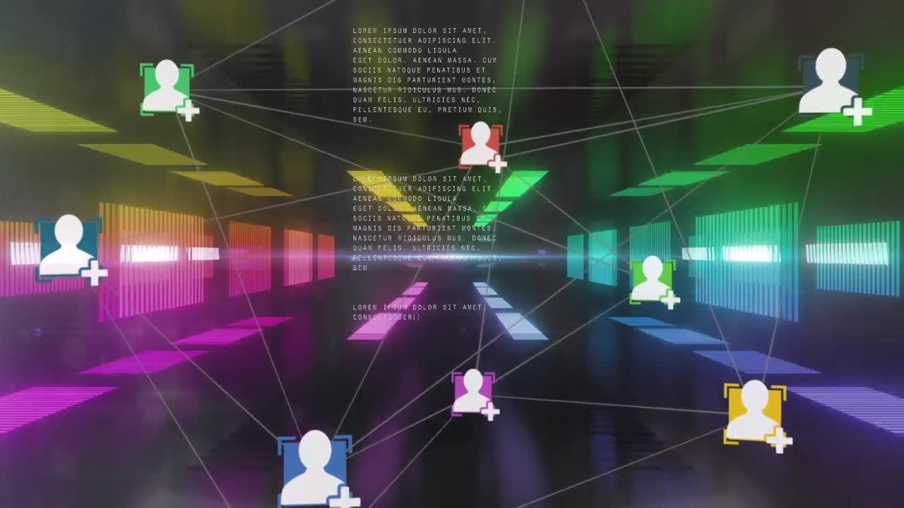 검은 바탕에 터널을 형성하는 선 위에 연결된 아이콘의 애니메이션