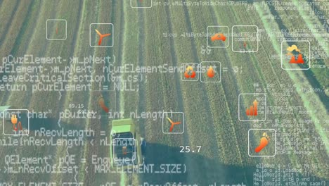 animation of digital icons and data processing over field