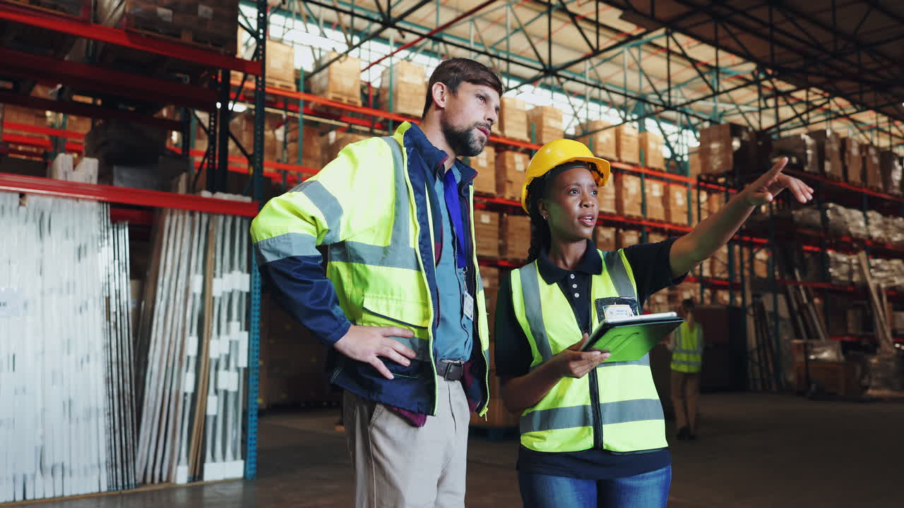 Warehouse workers discussing inventory in a large warehouse