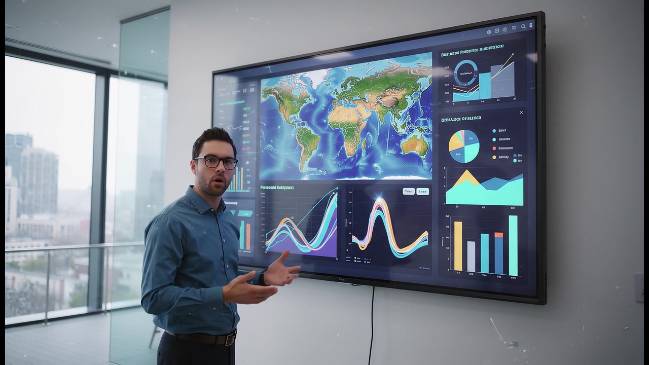 Business analyst presenting global data visualization charts on large digital screen during office briefing
