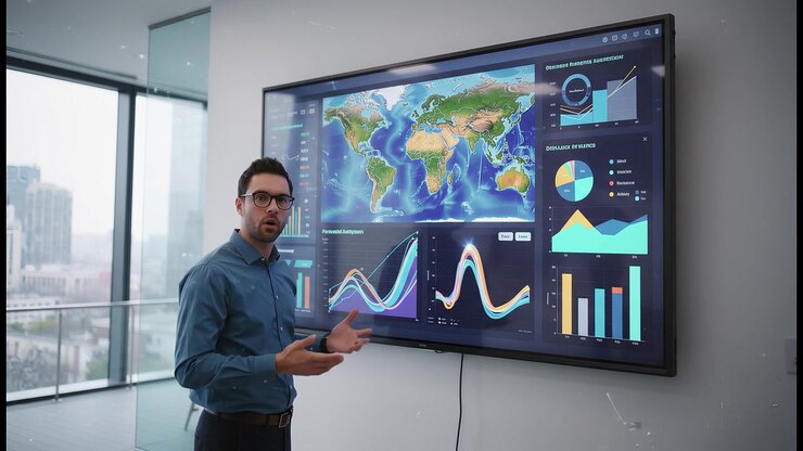 Business analyst presenting global data visualization charts on large digital screen during office briefing