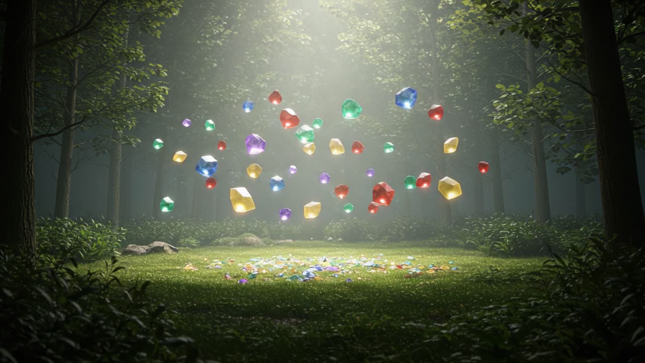A Magical Scene of Floating Gems Surrounded by Lush Green Forest, Capturing the Enchantment and Wonder of Nature's Treasures in a Dreamlike Atmosphere