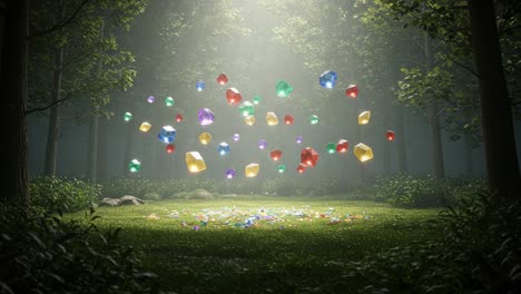 A Magical Scene of Floating Gems Surrounded by Lush Green Forest, Capturing the Enchantment and Wonder of Nature&#039;s Treasures in a Dreamlike Atmosphere