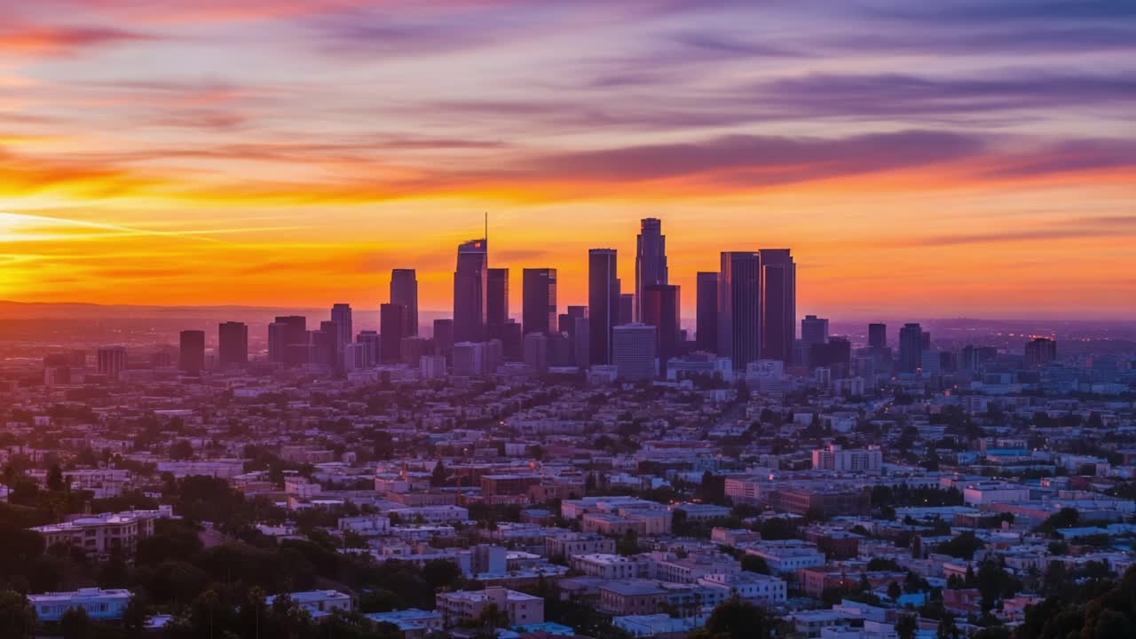 Stunning Sunset Over a Vibrant City Skyline: A Captivating View of Urban Architecture Bathed in Golden Light with a Dramatic Colorful Sky