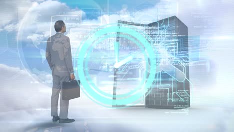 animación de reloj, hombre de negocios y servidor sobre nubes