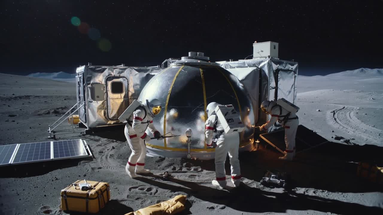 After touchdown, working crew of three securing habitat base on lunar plain, stabilizing module