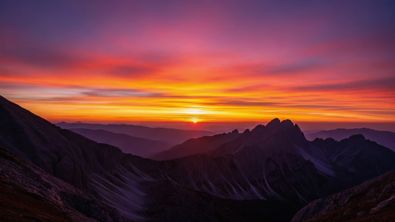 A Stunning Transformation of the Horizon: Capturing the Majestic Sunrise over Rugged Mountain Peaks with Vibrant Colors from Dawn to Dusk