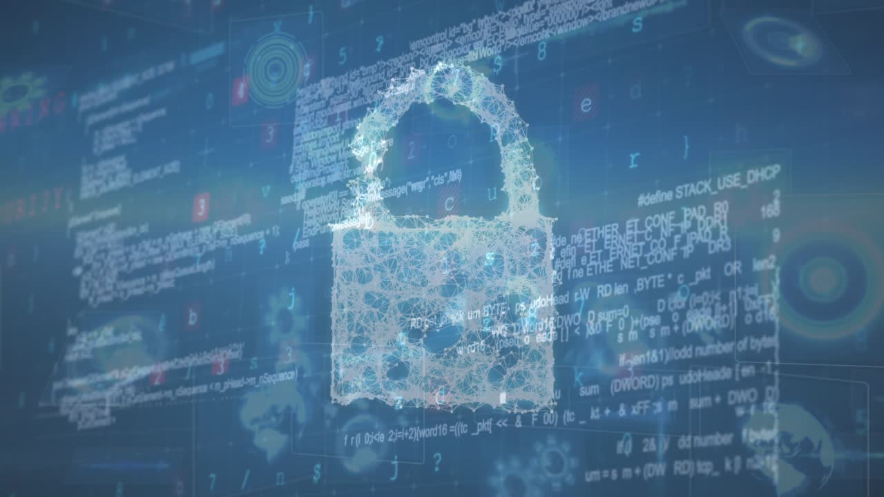 Animation of security padlock over data processing on dark background