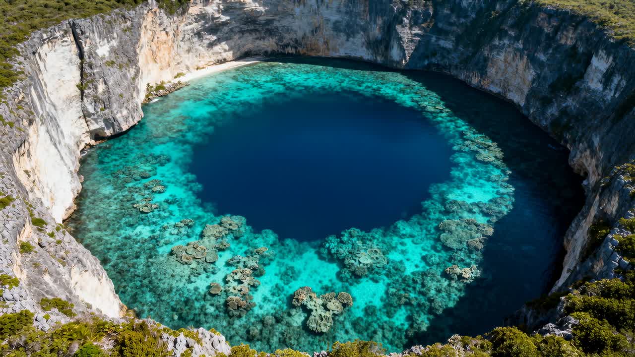 Drone in avvicinamento che scende sopra una dolina carsica costiera, mostrando una barriera corallina turchese, una spiaggia sabbiosa e scogliere