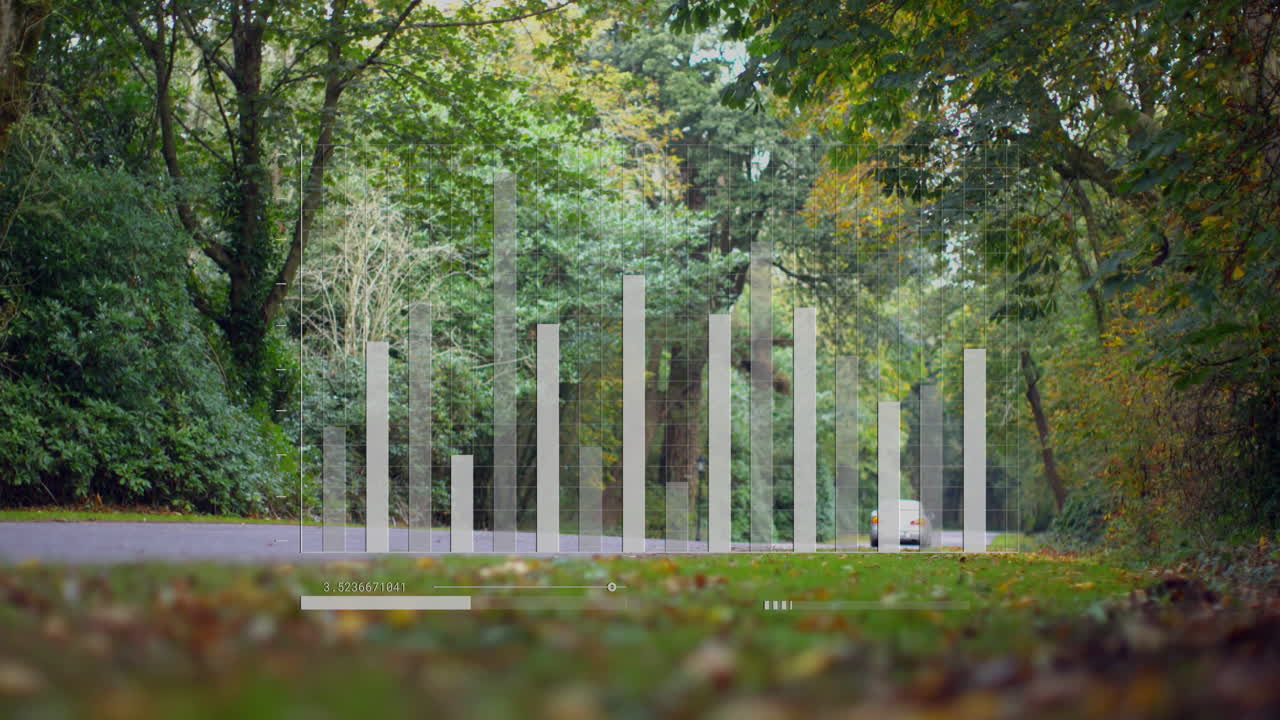 Bar graph animation over forest road with car driving in background