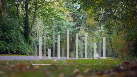 bar graph animation over forest road with car driving in background