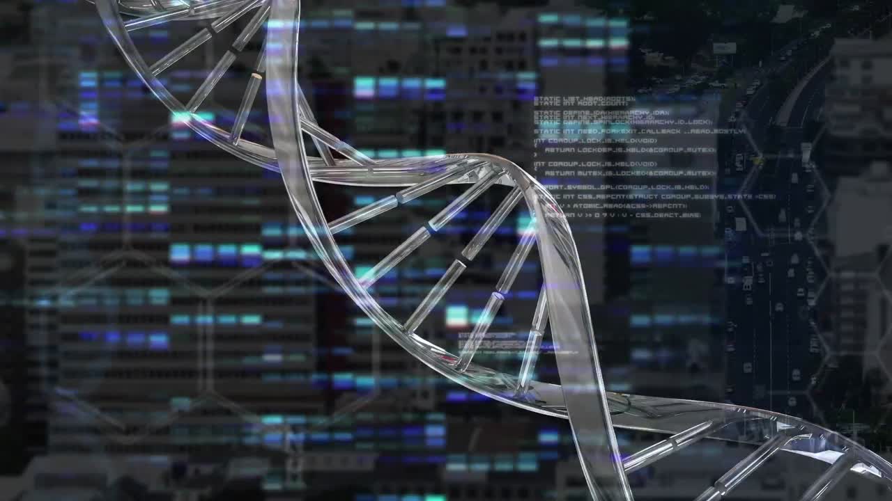 Animation of data processing and dna strand spinning over city