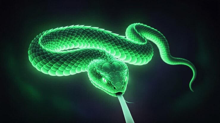 Een fascinerende glimp van een lichtgevende groene slang, die zijn ingewikkelde schubben en opvallende kenmerken toont tegen een mysterieuze donkere achtergrond.