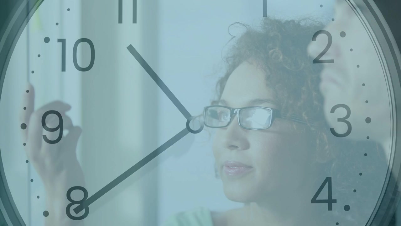 Pair checking watch and gesturing on glass wall, clock overlay moving, updating business plan