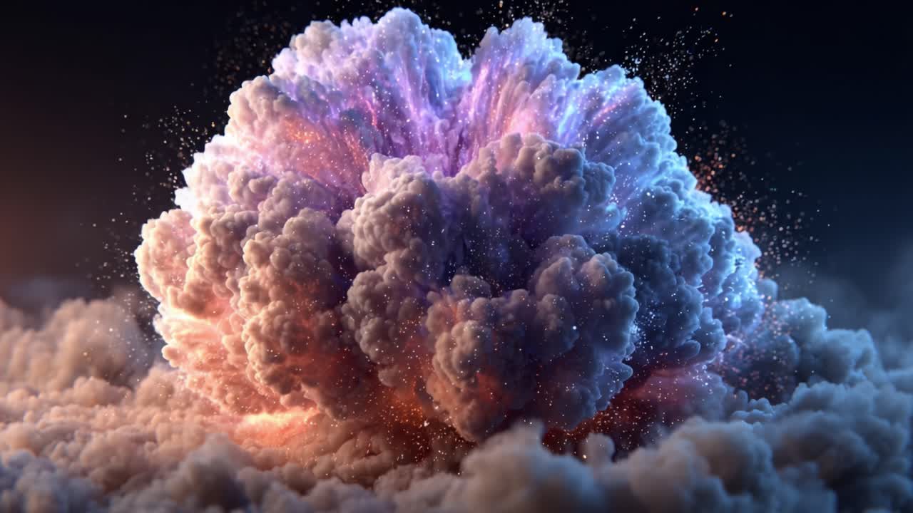 Una spettacolare esplosione cosmica: una nuvola nebulosa colorata che erutta con colori brillanti e particelle scintillanti su uno sfondo scuro