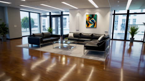 modern office lounge or waiting area with black leather sofas