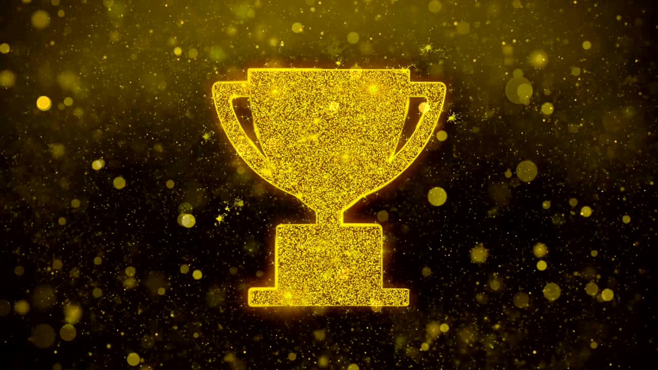 el icono de la copa de trofeo gana el brillo dorado de las partículas de brillo.