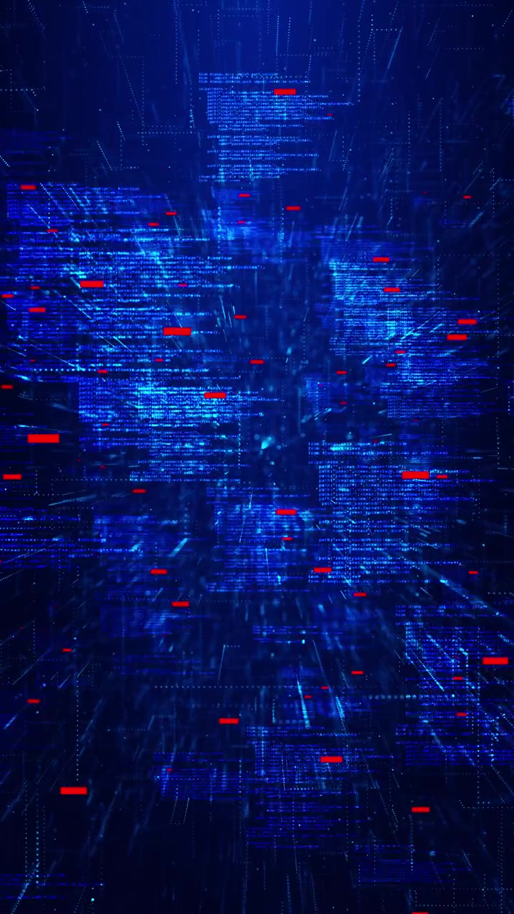 Sfondo di tunnel di codice cibernetico blu con pannelli di dati luminosi, blocchi glitch rossi e profonda velocità digitale
