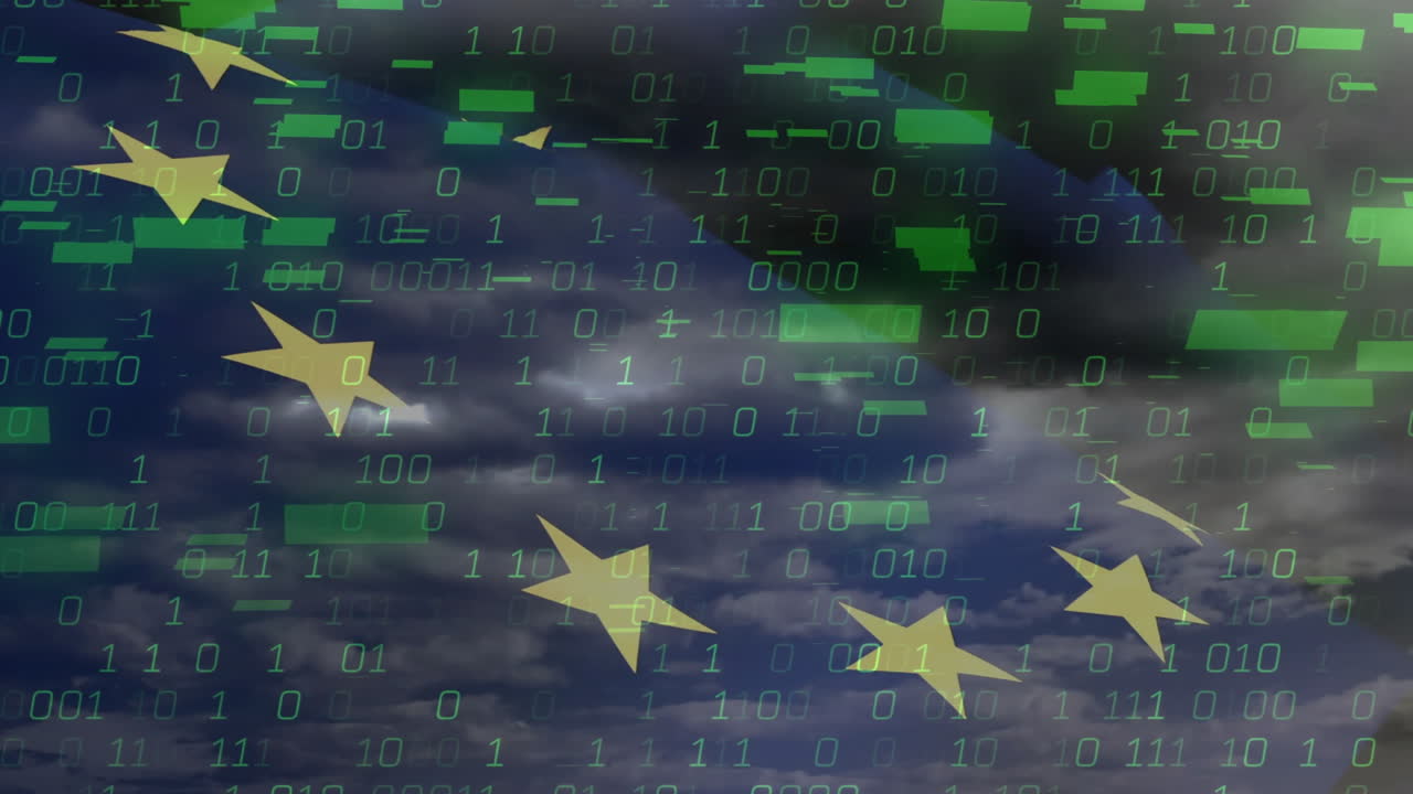 código binario y animación de procesamiento de datos sobre la bandera de la unión europea
