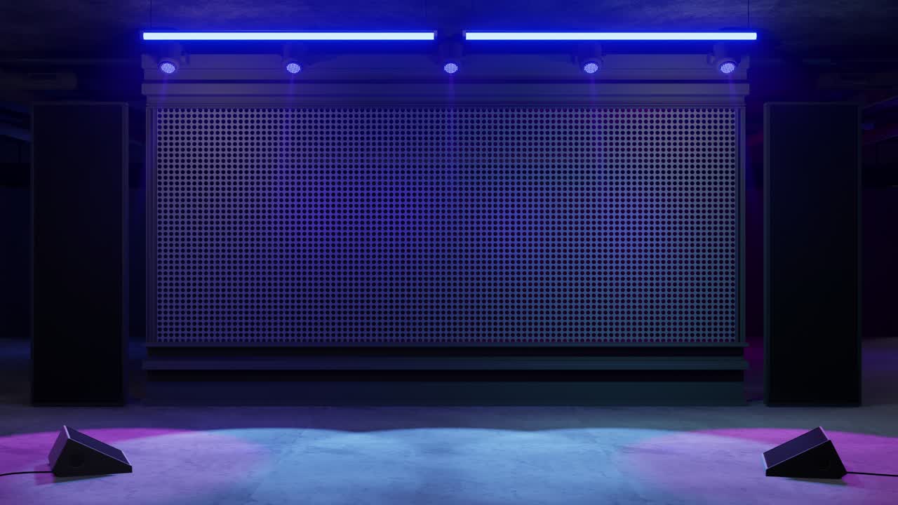 모 및 기업 아이덴티티를위한 모션 빈 디스플레이 디자인, 홀에서 디스플레 플랫폼 요소, 그래픽 자원을위한 빈 화면 시스템, 이벤트 장면, 야간 조명 무대, 온라인, 행사, 컨퍼런스, 라이브 렌더링을위한 3d 배경.