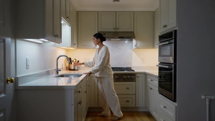 Donna in pigiama che si allunga per spostare il rubinetto e gli attrezzi, chinandosi su un lavello da cucina a U mentre la luce cambia.
