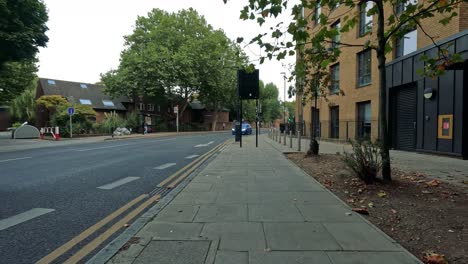 urban street with cars, moped, and trees