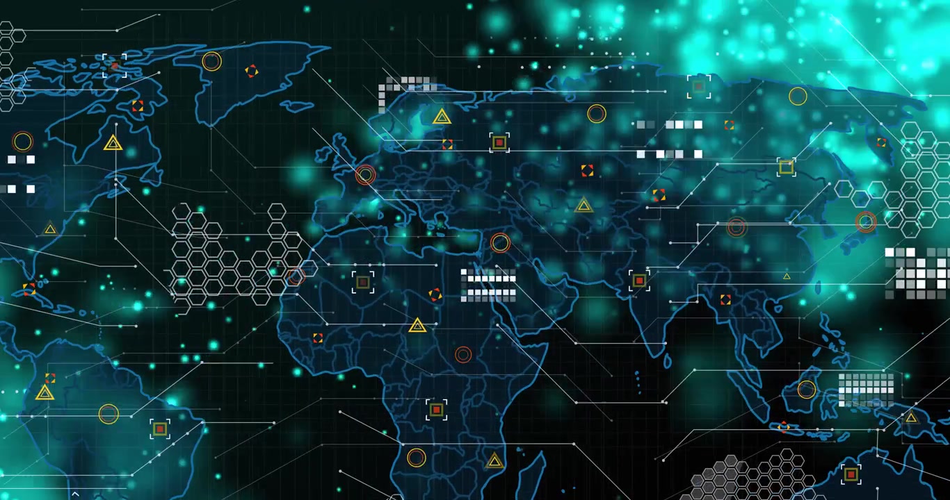 Blue-outlined map rising left, teal particles sweeping and assembling hex grids for network ops