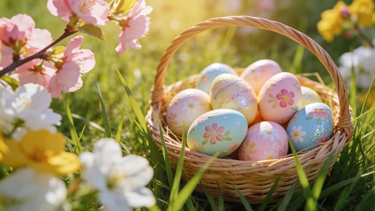 Pushing camera rightward panning at meadow, bringing focus to wicker basket with pastel eggs