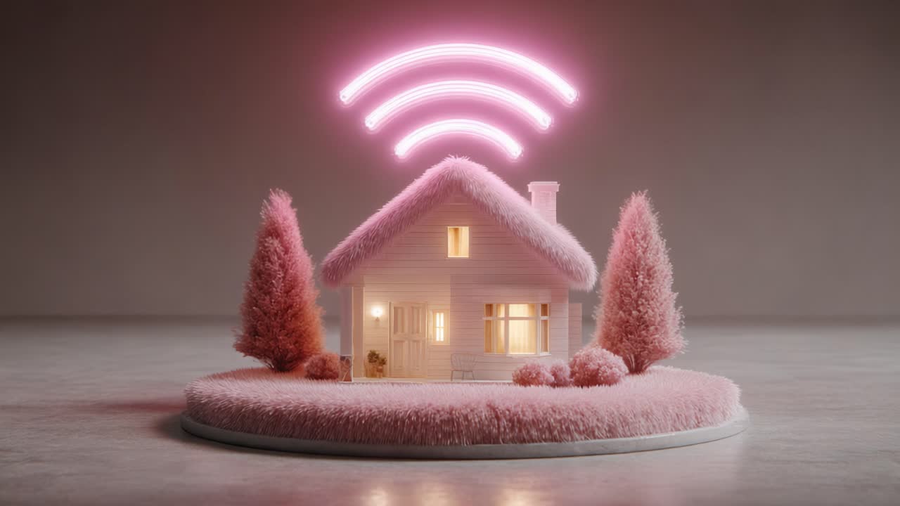 A Whimsical Pink House with Vibrant Trees and a Neon WiFi Signal Radiates Modernity and Comfort, Symbolizing a Cozy and Connected Living Space