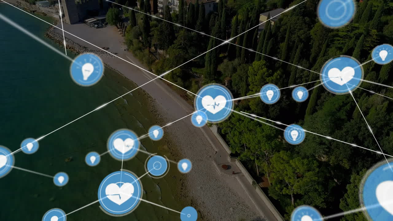 바다 전망 위의 아이콘과 연결 네트워크의 애니메이션