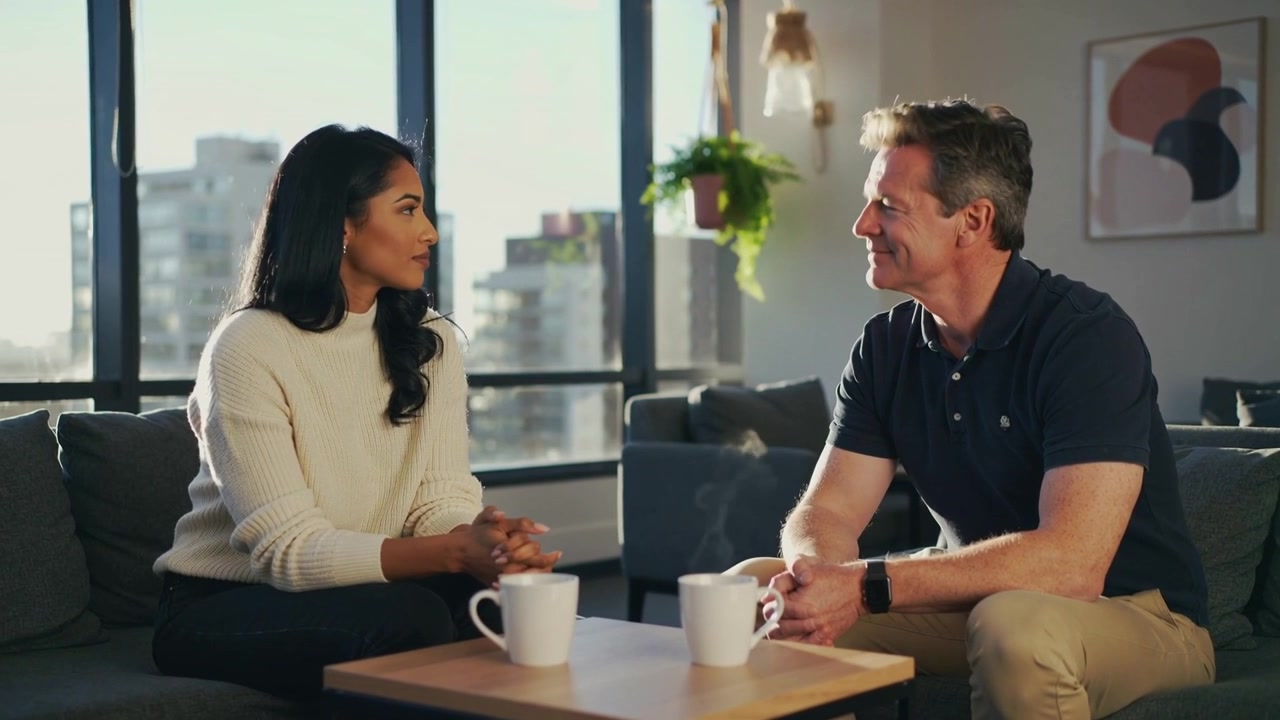 Talking woman in sweater starting friendly chat on apt couch, man dark polo nodding mugs steaming