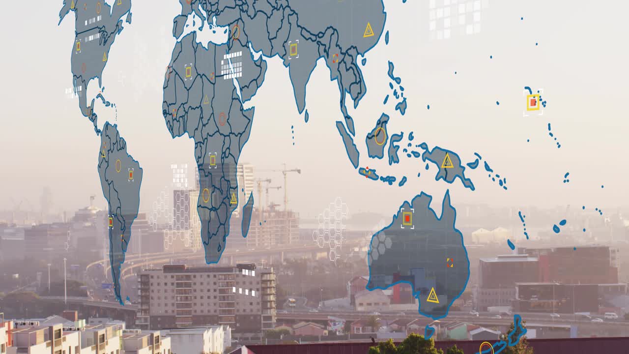 On data pulse map growing adding borders sliding dots pulsing links showing network activity
