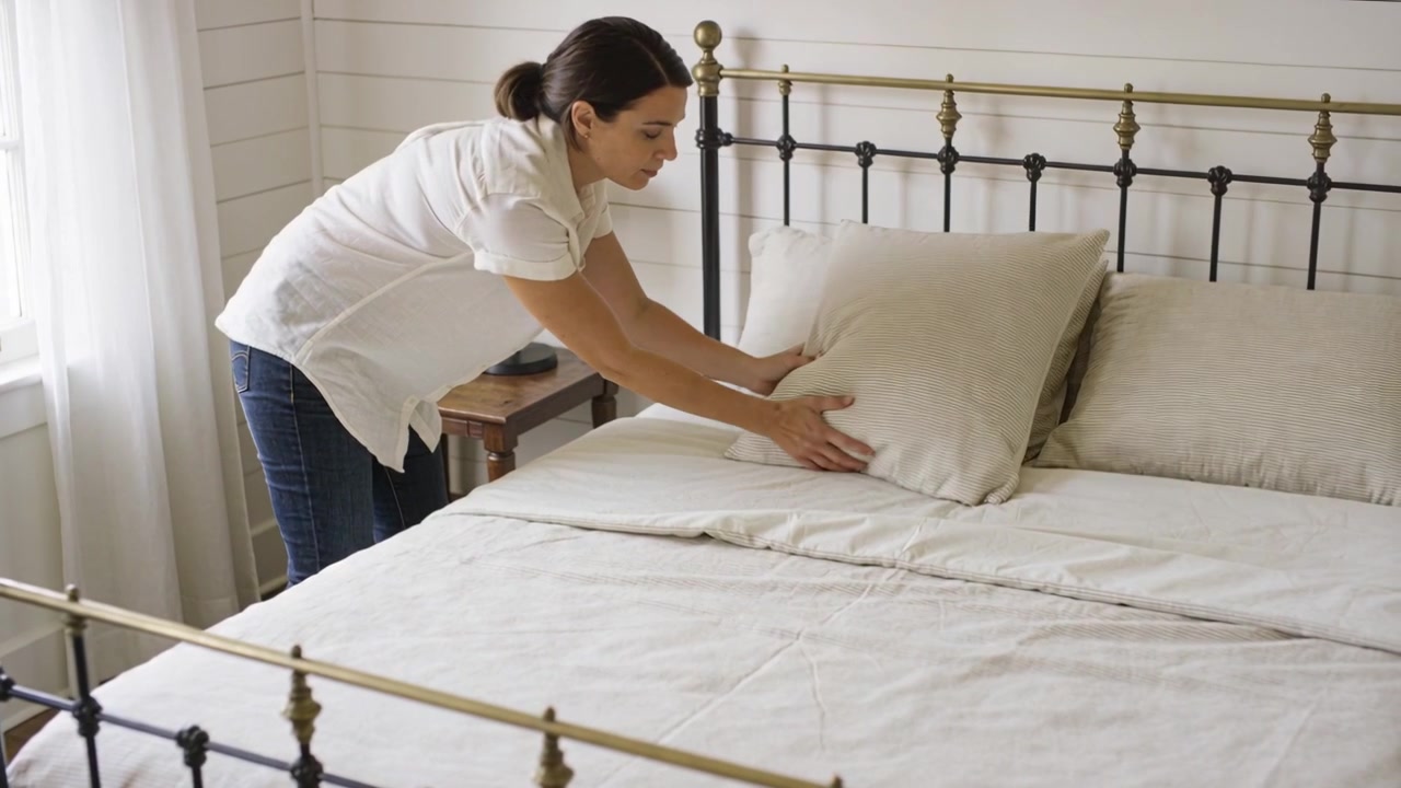 Mujer entrando al dormitorio, haciendo la cama, vistiendo camisa blanca y pantalones oscuros para ordenar las almohadas