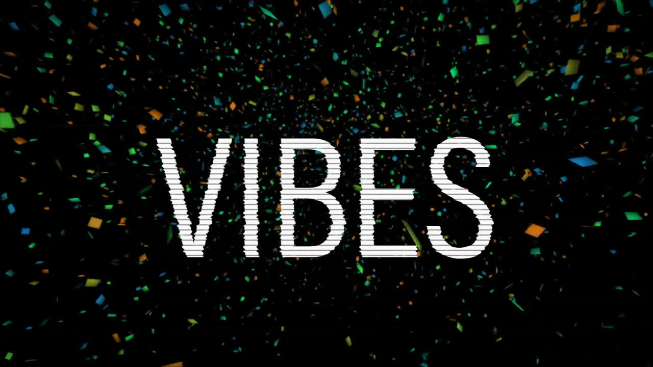 vibra el texto sobre la animación de confeti colorida en fondo negro