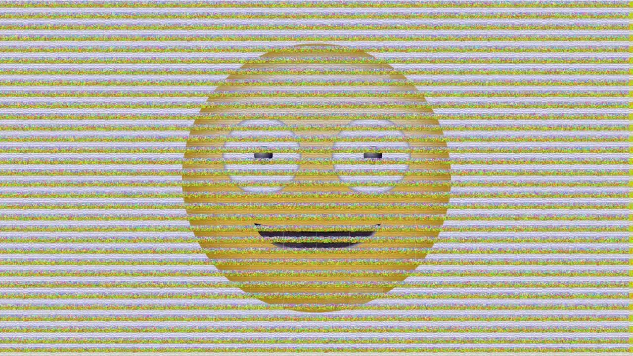 Digital animation of tv static effect over silly face emoji on grey background