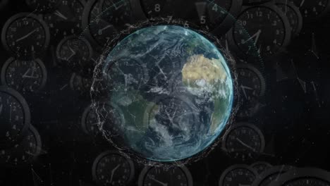 animation of clocks moving fast over globe spinning