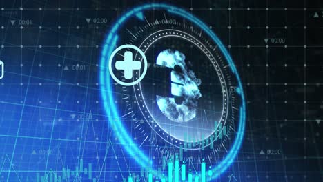 Animation-of-euro-symbol-on-rotating-safe-lock-and-domestic-finance-icons-over-data-processing