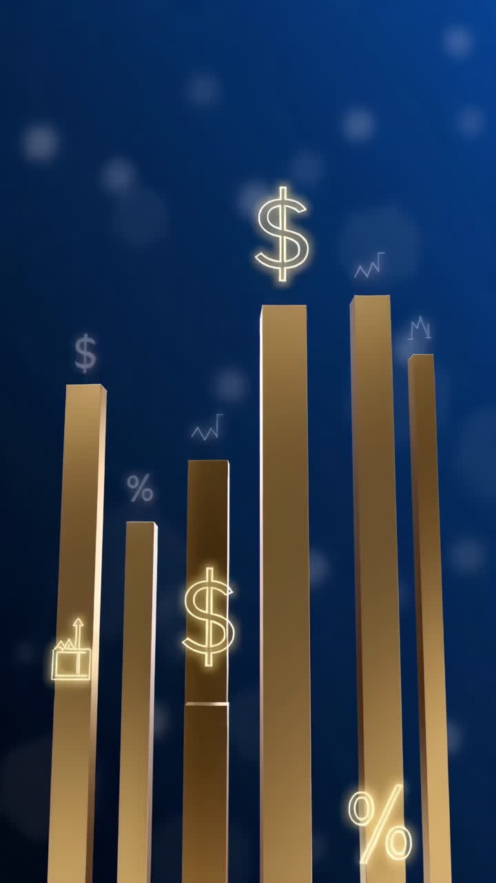 Gold Chart Bars Rise Against Blue. Glowing Dollar Icons Hover Above Tall Metallic Columns, Subtle Percent
