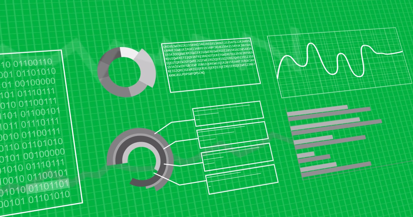 Animation of graphs, statistics and binary coding processing on transparent background