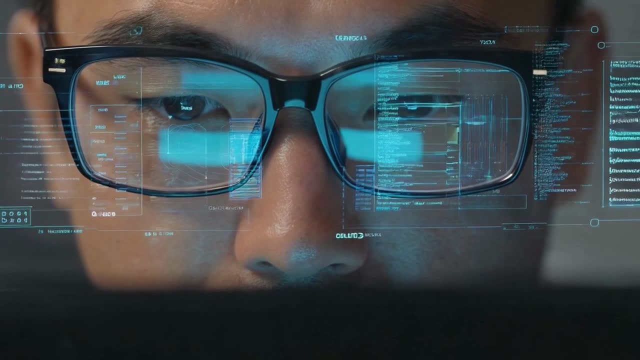 Extreme Close-up of Man's Eyes Behind Glasses with Digital Interface