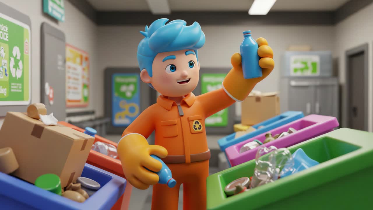Animated Character Engaging in Recycling Activities in a Colorful Waste Management Facility for Educational Purposes and Environmental Awareness Promotion