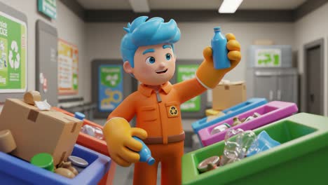 animated character engaging in recycling activities in a colorful waste management facility for educational purposes and environmental awareness promotion